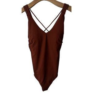 Sunn Lab Swim Brown Strappy Back One Piece Swimsuit Plunge Neck Size XS NEW